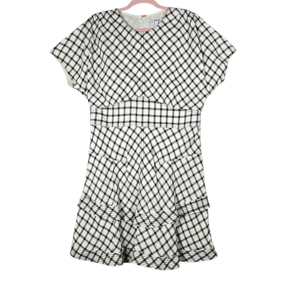 Derek Lam 10 Crosby Dress 14 Black Cream Check Wool Tiered Fit Flare Knee Length